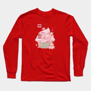 Kawaii pink cupcake with cat fruits Long Sleeve T-Shirt